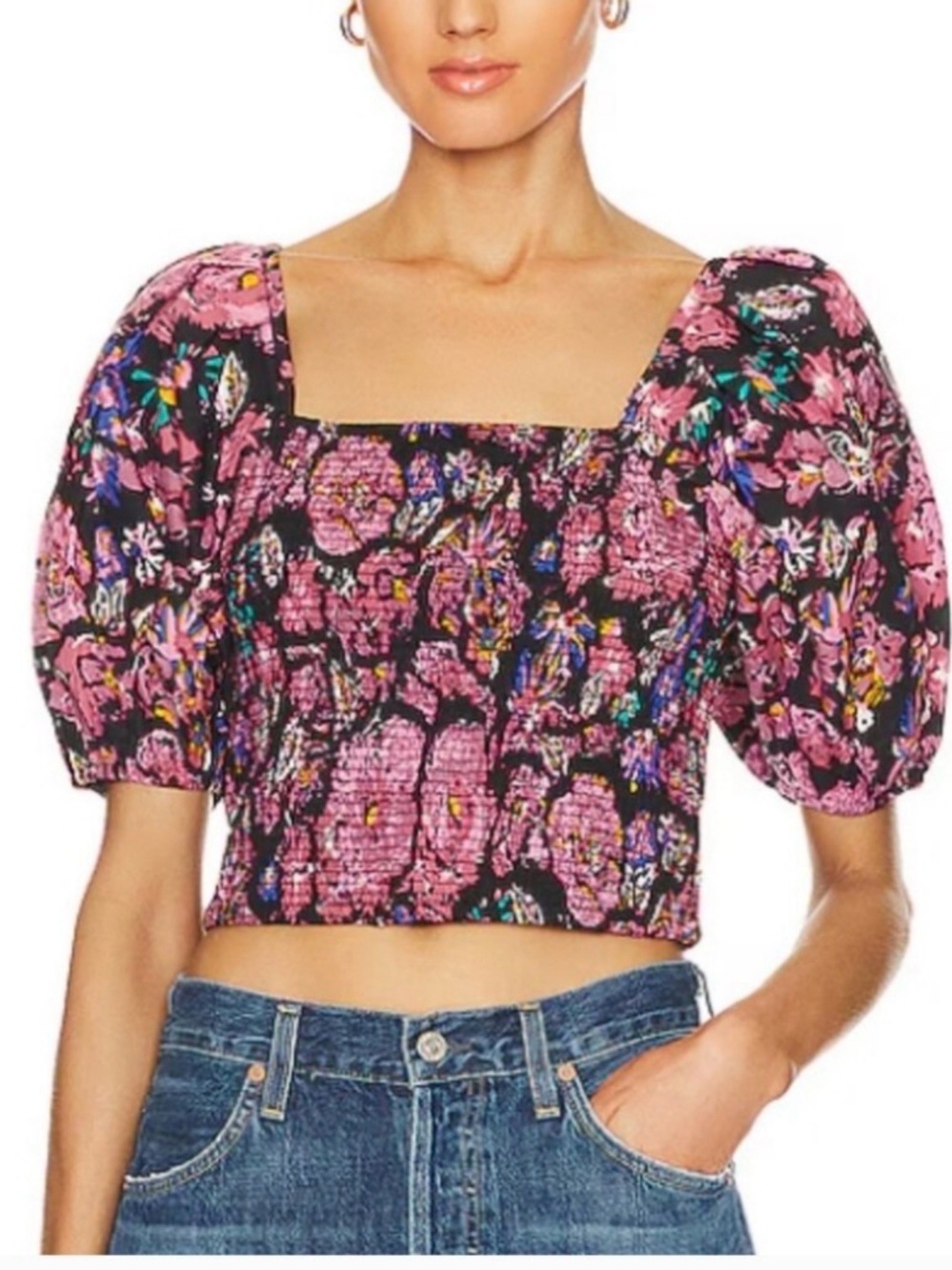 Cleobella Pink & Black Floral Smocked Puff-Sleeve Crop Top